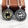 Viking Double Wolf Head Compass Necklace - Stainless Steel Rune Pendant for Men