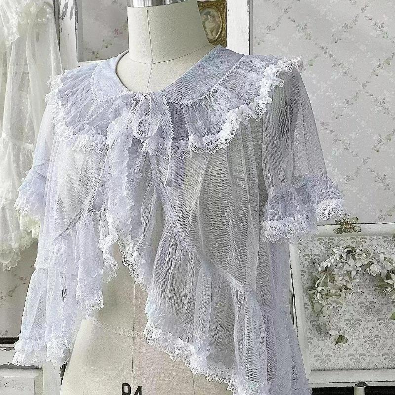 Sommer Japanisch Elegant Vintage Lolita Bluse Damen Gothic Retro Rüschen Hasenohr Kurzes Hemd Kawaii Süß Chiffon Dünne Oberteile