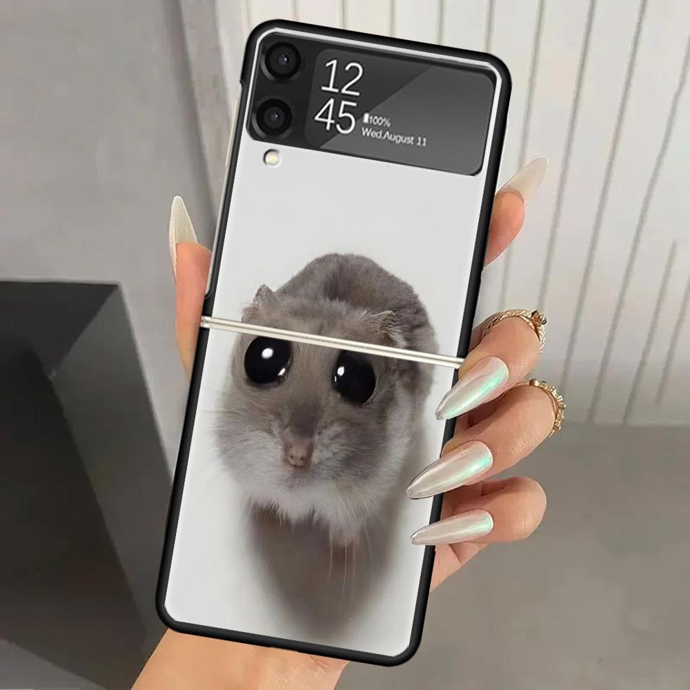 Funny Sad Hamster Meme Hard PC Phone Case For Samsung Galaxy Z Flip 7 6 5 4 3 Black ZFlip7 ZFlip6 Flip5 Flip4 Flip3 5G Print Cov