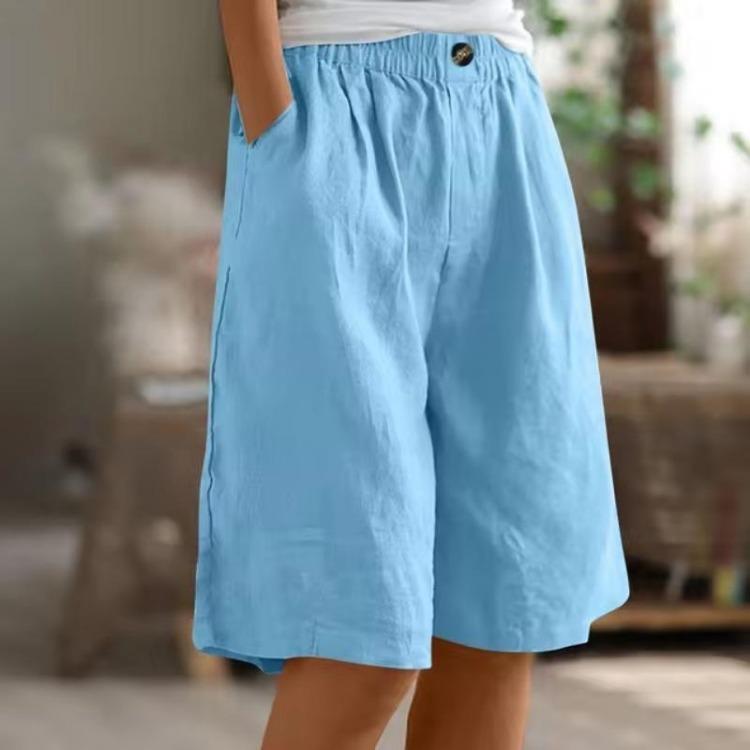 Pantaloni Corti da Donna in Cotone e Lino Moda Vita Elastica Ampia Colore Unico Tasca Bottone Pantaloncini Capris da Donna