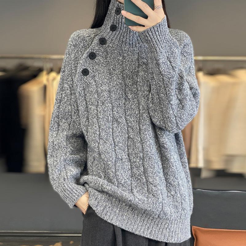 Mengyi 25 Autumn/Winter Women's High Neck Yarn-Dyed Wool Sweater with Side Buttons and Cable Knit Design.