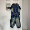 Personalized contrasting colors make old denim rough edge short-sleeved tops Harlan pants two-piece set women's summer style foreign style fashion 