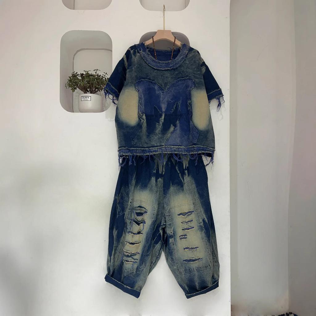 Personalized contrasting colors make old denim rough edge short-sleeved tops Harlan pants two-piece set women's summer style foreign style fashion