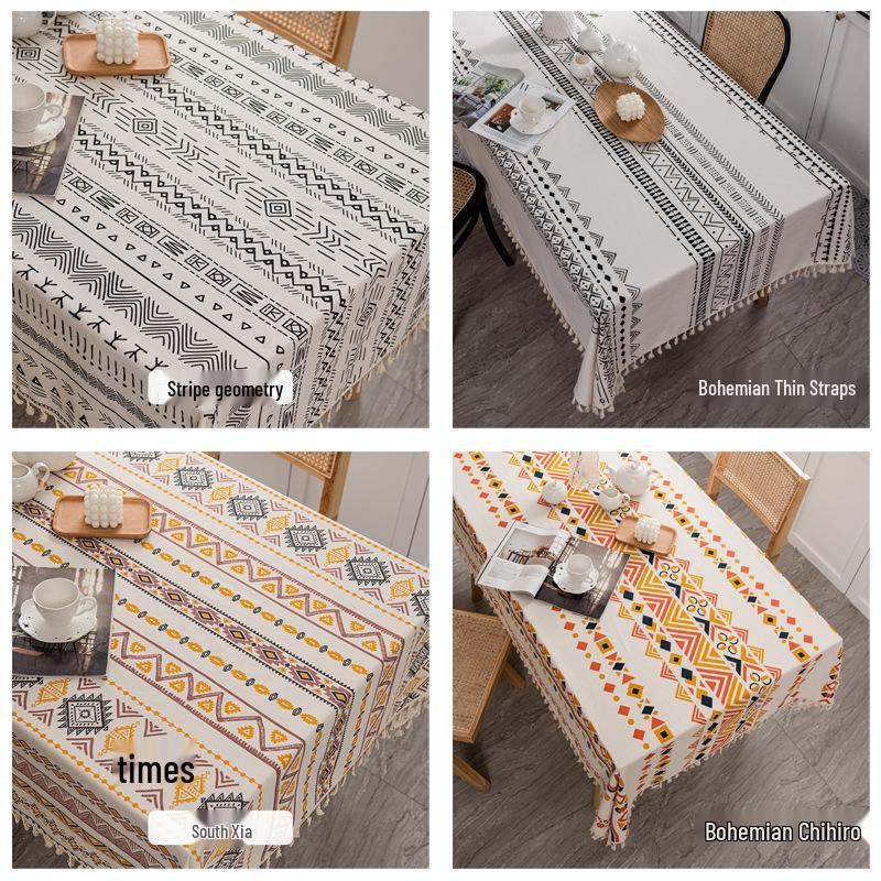 Bohemian Cotton Linen Tablecloth with Tassels – Ethnic Style, Waterproof & Oilproof, Wash-Free Rectangular Design