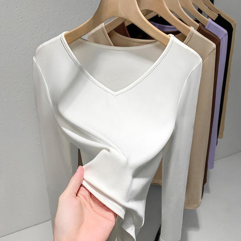 Threaded bottoming shirt women's new women's temperament v-neck long-sleeved t-shirt elastic inner waist top