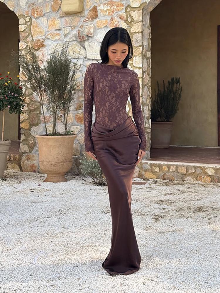 2026 European & American Women's Autumn/Winter Sexy Lace See-through Bodycon Long Dress