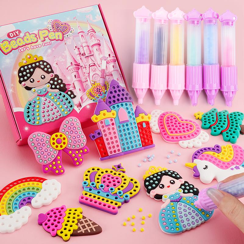 DIY Handmade Beads Pen Set Creative Princess Rainbow Bow Sticker Production Girls Toy Kit for Kids Gift