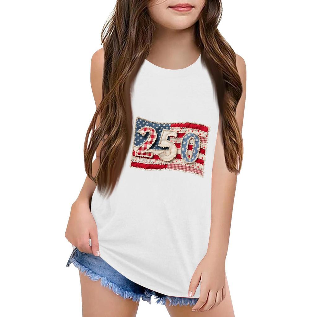 Girls  Kids Summer Crewneck Sleeveless Shirts Tank Tops Independence Day
