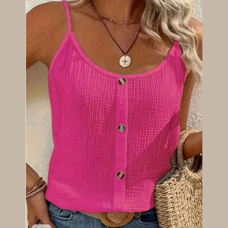 Women Button Front Spaghetti Strap Tank Top Casual Sleeveless Summer Solid Color Beach Cami Top S розы красного