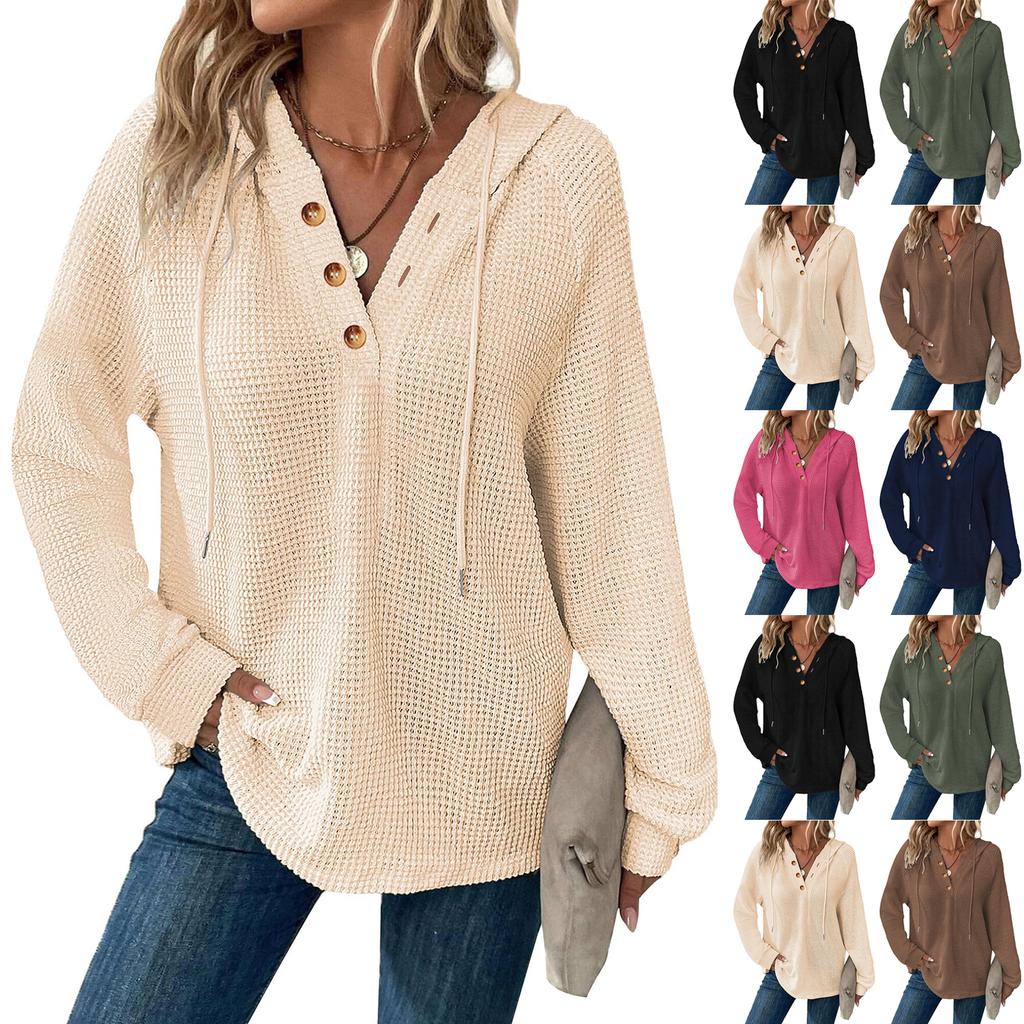 Women's Fashion Long Sleeve Drawstring Hooded Button V-neck Casual Hooded Sweatshirt Top