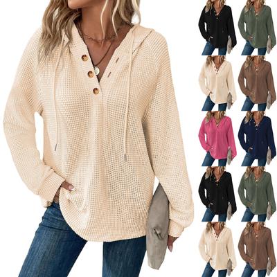 Women's Fashion Long Sleeve Drawstring Hooded Button V-neck Casual Hooded Sweatshirt Top