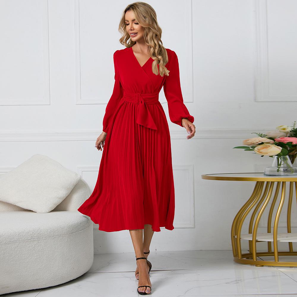 2022 European & American Slim Fit V-Neck A-Line Dress with Belt & Pleated Long Sleeves for Women