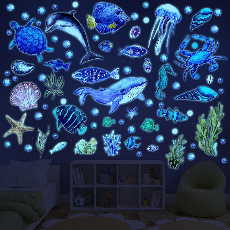 52 Pcs Ocean Fish Wall Decals Glow in The Dark Under The Sea Wall Decals Sea Animals Stickers Removable Waterproof Peel and Stick for Kids Bathroom Cute Style