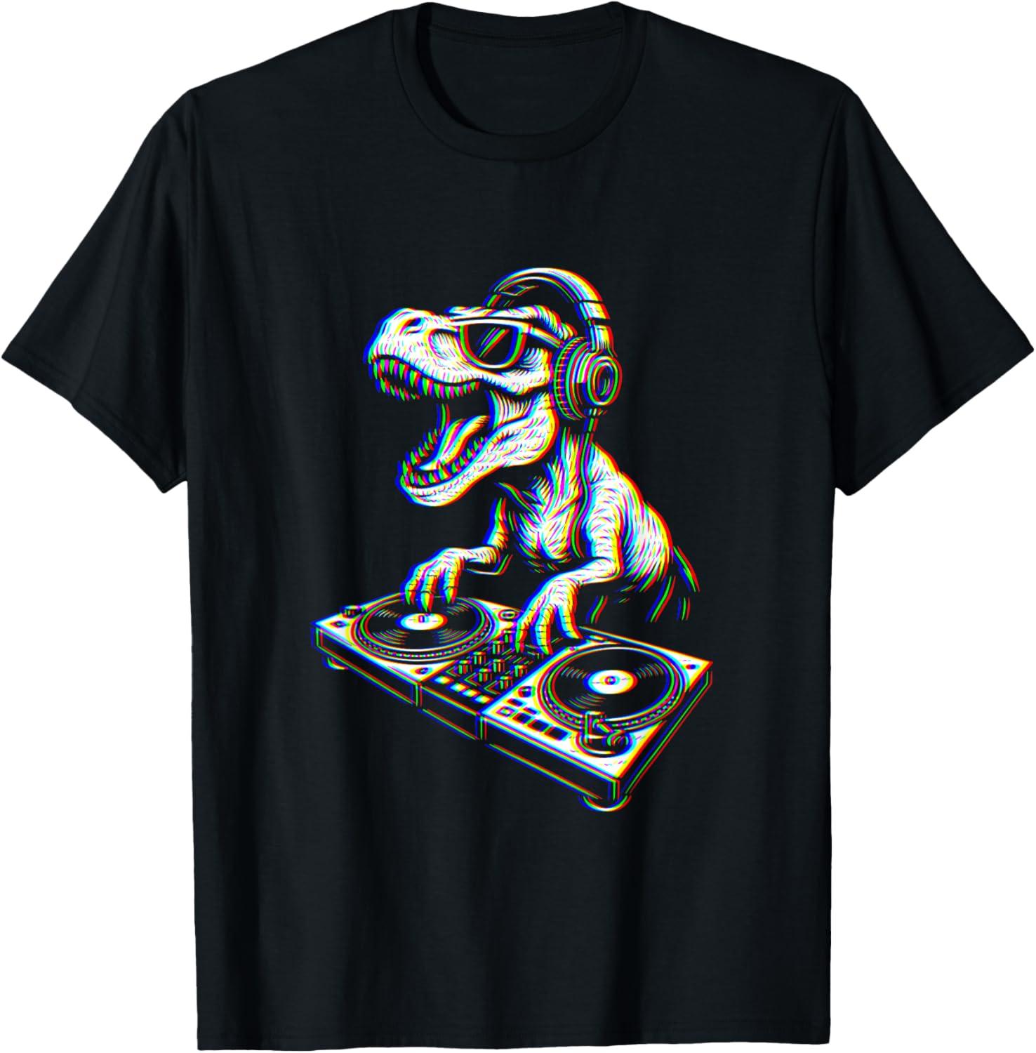 EDM DJ T-Rex Dinosaur Spinning Records Techno Rave Music T-Shirt S разноцветный