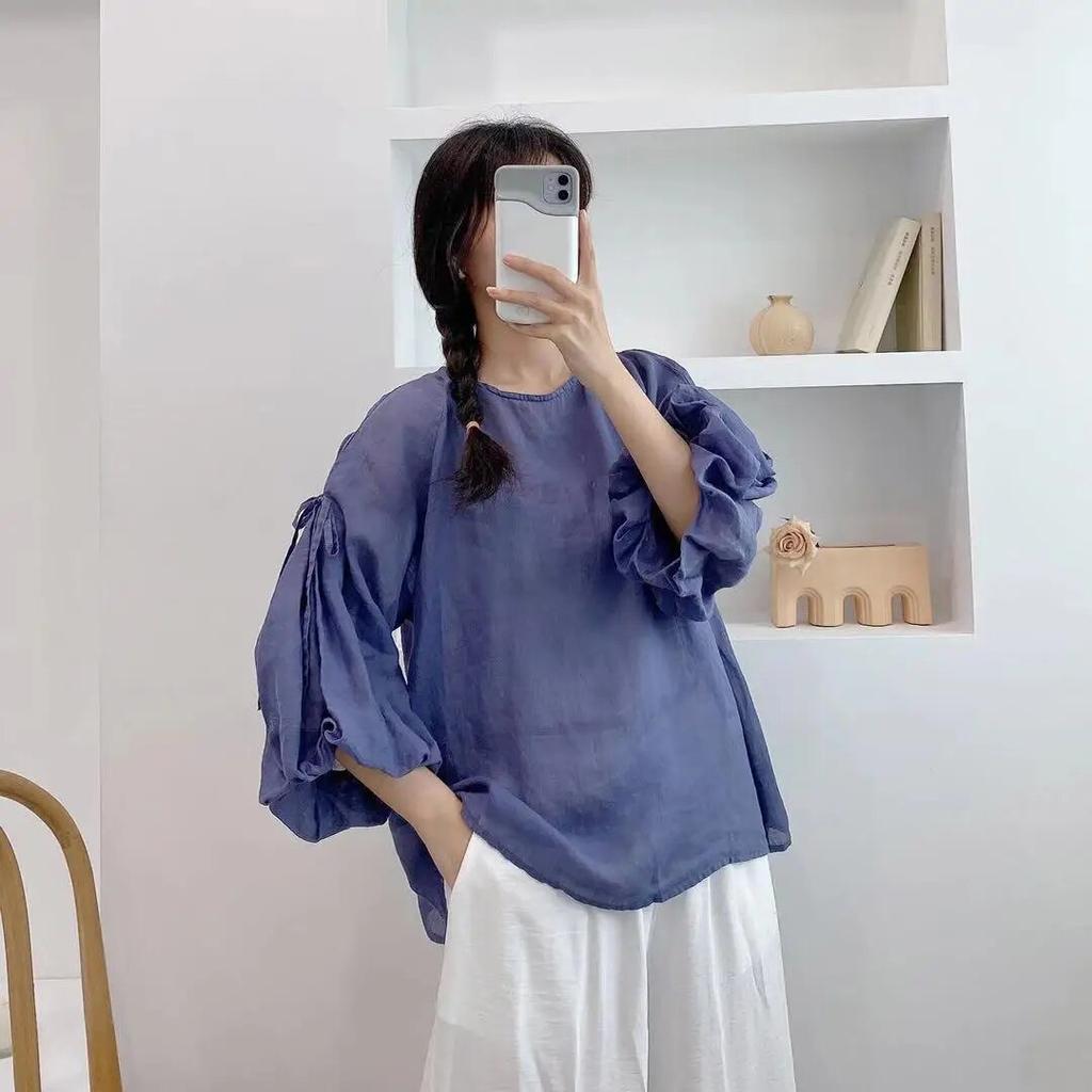 Johnature Summer Women Tops Vintage Thin Petal Sleeve Solid Color Loose Tie O-neck Female Shirts