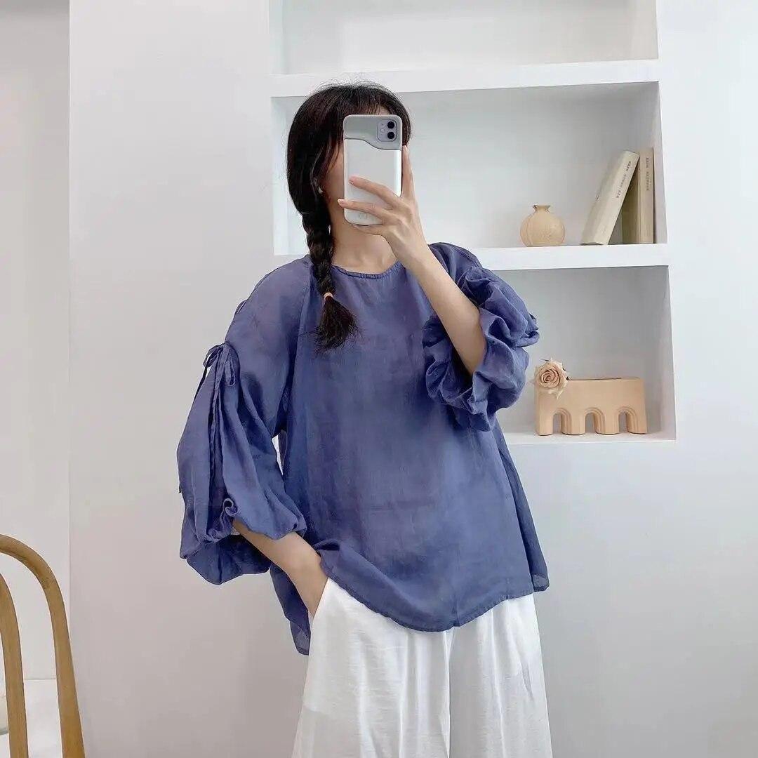 Johnature летние женские топы винтажные тонкие рукава-лепестки сплошной цвет свободный галстук с круглым вырезом женские рубашки One Size синий