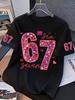 Girls' T-shirt,exclusive for Valentine's Day, with sequins,number 67,summer round-neck T-shirt for outdoors, kids' clothing