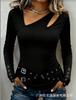 Women Asymmetric Cutout Long Sleeve Top Slim Fitted Eyelet Strap Decor Ruched Tee Y2K Streetwear Blouse