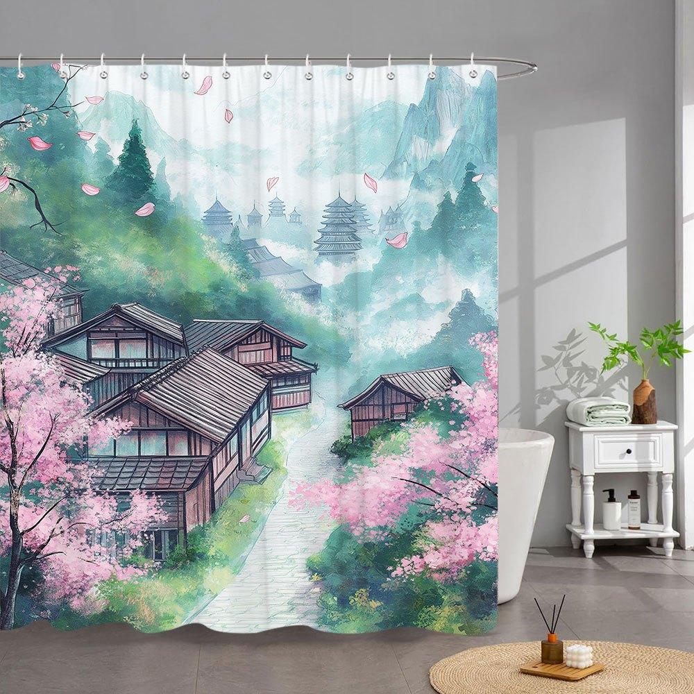 1pc Japanese-Inspired Mountain Hamlet Shower Curtain - Ethereal Wooden Houses, Pink Blossoms & Misty Peaks Design, 90x180cm