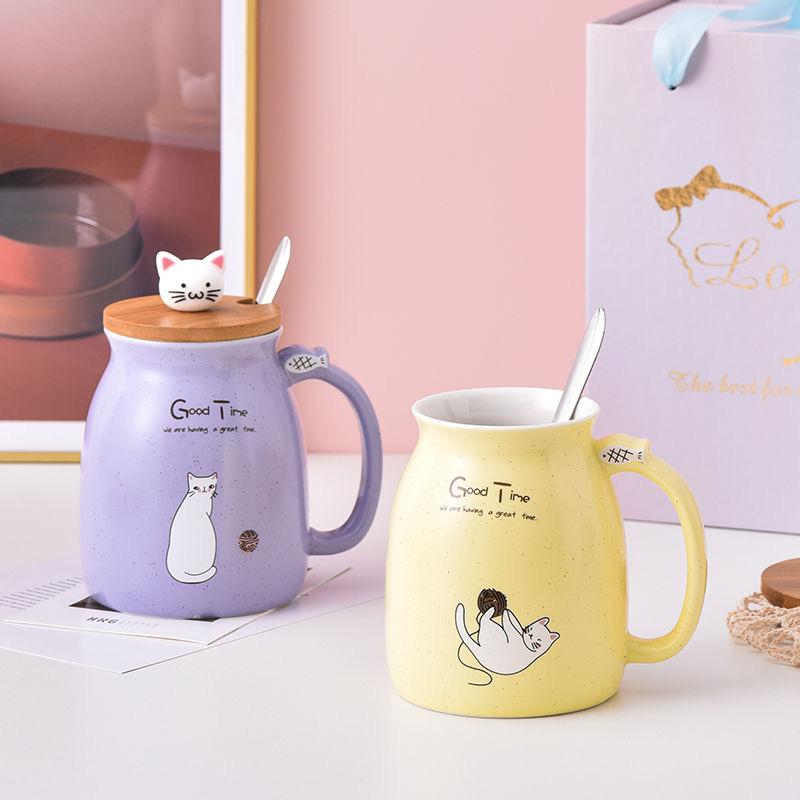 Cute Cartoon Cat Ceramic Mug with Lid and Spoon – Breakfast Coffee Cup