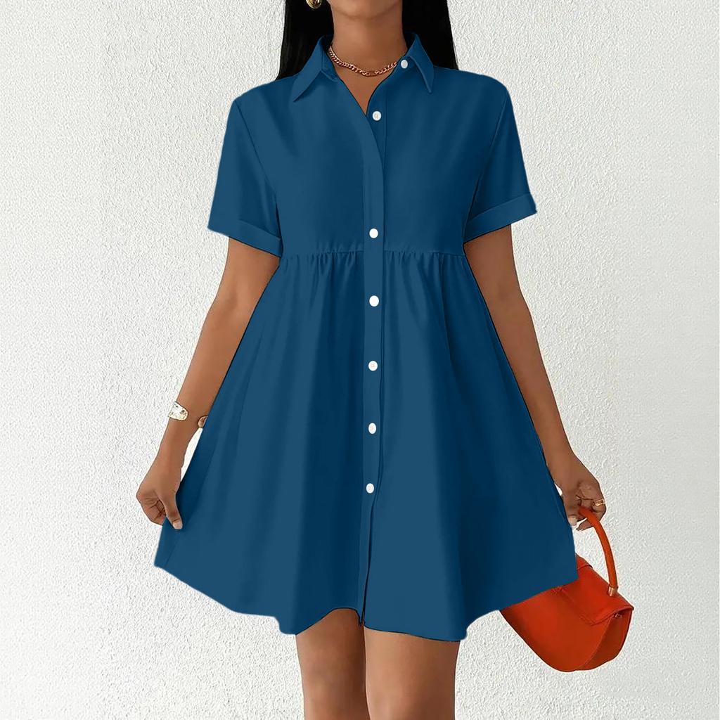 Women Short Sleeve Shirt Dress Button Down Collared Loose Fit Casual Mini Dress with Pockets Summer Style