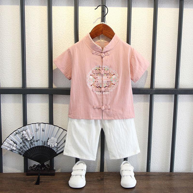 Completo Estivo da Ragazzo a Maniche Corte Stile Cinese per Bambini Hanbok Bello Completo Tang Cotone Lino Sezione Sottile di Abbigliamento Antico