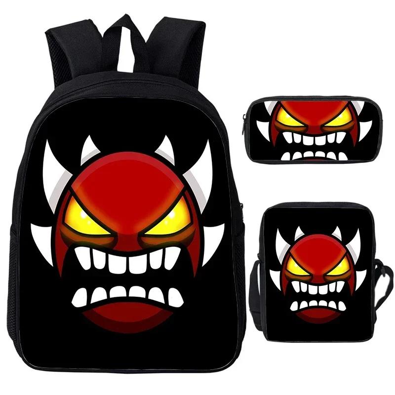Angry Geometry Dash Cartoon Print Children Backpack 3Pcs Set Boys Girls School Bags Large Capacity Bookbag Back To School Gifts