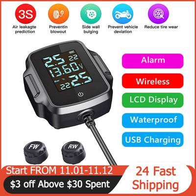 Motorcycle TPMS Tire Pressure Wireless Tyre Temperature Monitoring Alarm System with QC 3.0 USB Charger for Phone Tablet