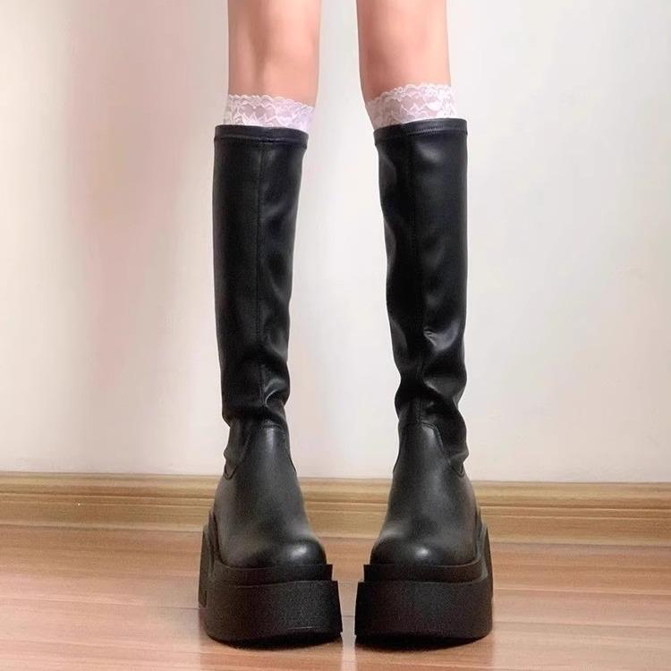 Botas de cuero para mujer nuevas botas elásticas finas de suela gruesa realzada pero botas de caballero hasta la rodilla Botas de tacón alto de las Spice Girls mujeres