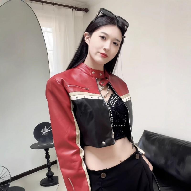 Womens PU Leather Biker Jacket Short Crop Top With Color Block Design Stand Collar Streetwear