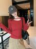 Korean red careful machine hollow front shoulder long-sleeved t-shirt women's autumn and winter design short bottoming shirt with top