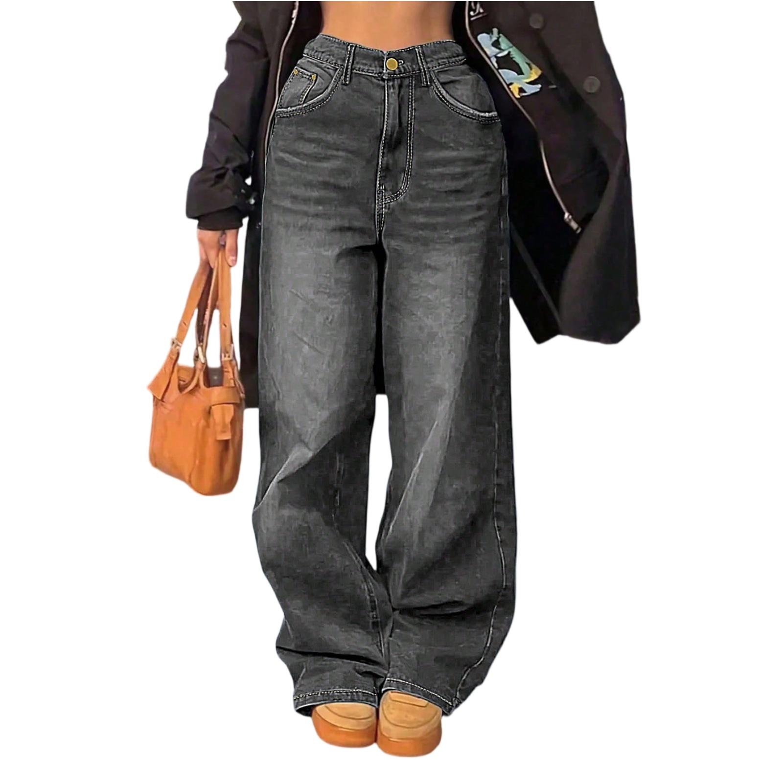 Women s Mid- Stretch Jeans Fashion Straight Leg Denim Pants With Pockets L