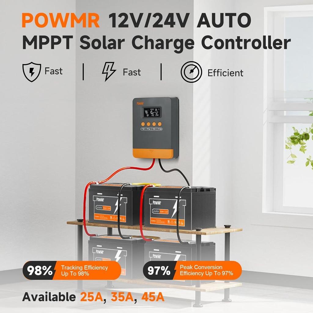 PowMr 25A/35A/45A MPPT Solar Charge Controller for 12V/24V Lithium Battery LCD Regulator 100VDC Soalr Panel Dual USB Controller