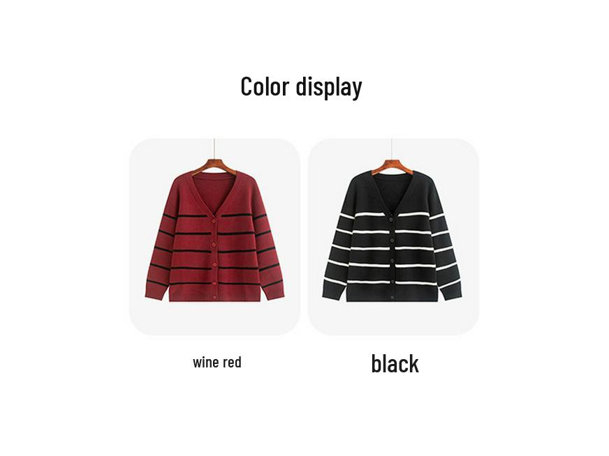 Plus Size Women's V-Neck Color Block Stripe Knit Cardigan - Loose Casual Winter Style