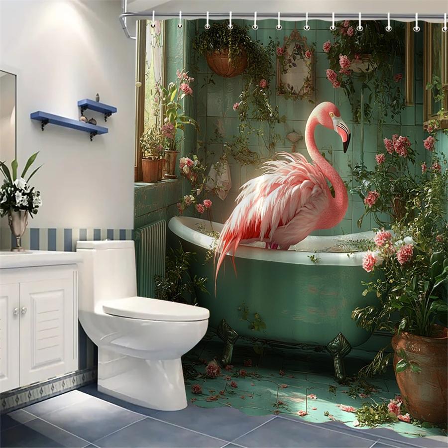 Pink Flamingo In Bathtub Shower Curtain Waterproof Moisture Proof Privacy Protection Print Boho Garden Design Hooks Included