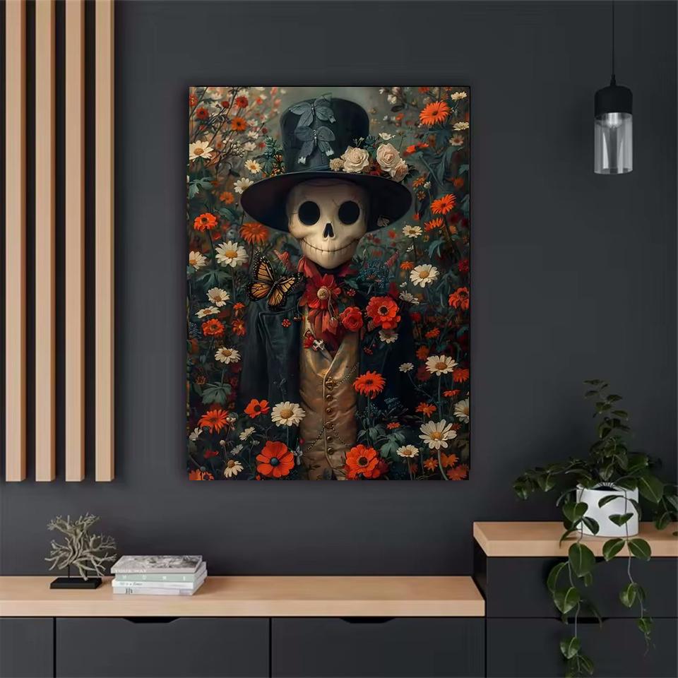 Halloween Terror Mushrooms Skeleton Ghost In Dark Forest Rhinestone Embroidery Vintage Wall Art Woodland Art Home Decor 5D DIY
