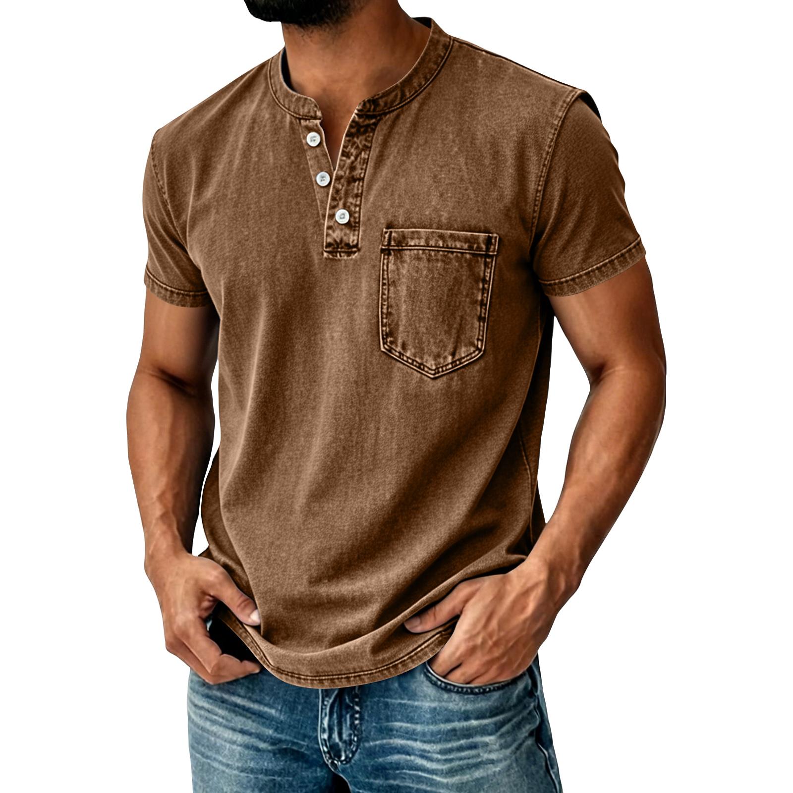 BILIBILIGAME Heren Henley T-shirt met korte mouwen en borstzak, casual pasvorm, knoopsluiting, katoenen top M bruin