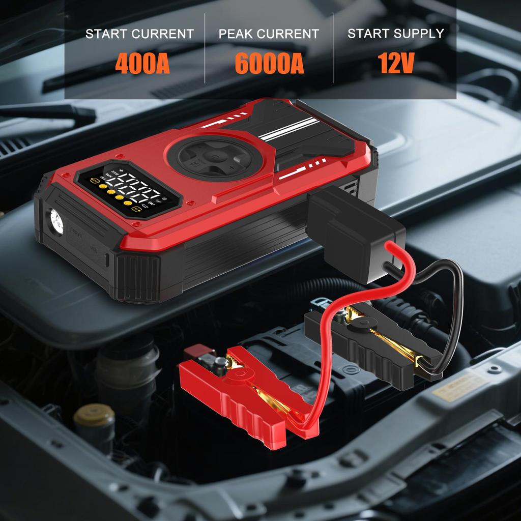 Car Jump Starter Booster Power Bank Battery Charger Pack With 150PSI Air Compressor Eigotrav PD-270 12V 6000A 12000mAh