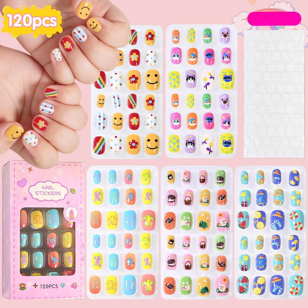 120Pcs Children's Press on Nails Kids Cartoon Acrylic Fake Nails Tips Kawaii Girl Full Cover Short False Nails With Jelly Glue#@