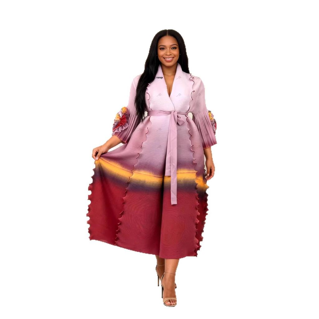 Miyake Women's Tie-Waist Gradient Ruffled Long Coat and Skirt Set - Ideal for Spring and Autumn