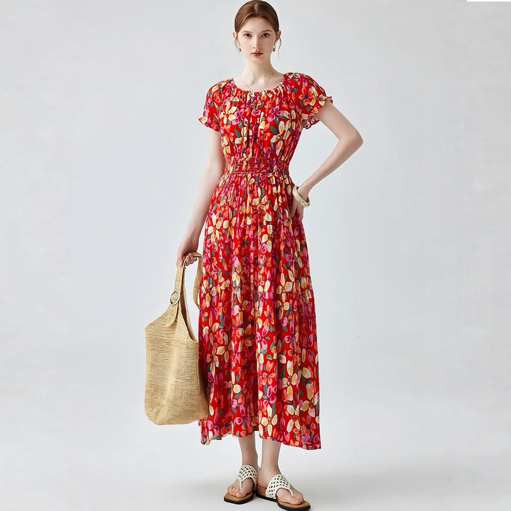 Bohemian Cotton-Silk Floral Printted Off-the-Shoulder French-Style Summer Dress for Women Ethnic-Style Elastic Waistband Pleayed Long Dress