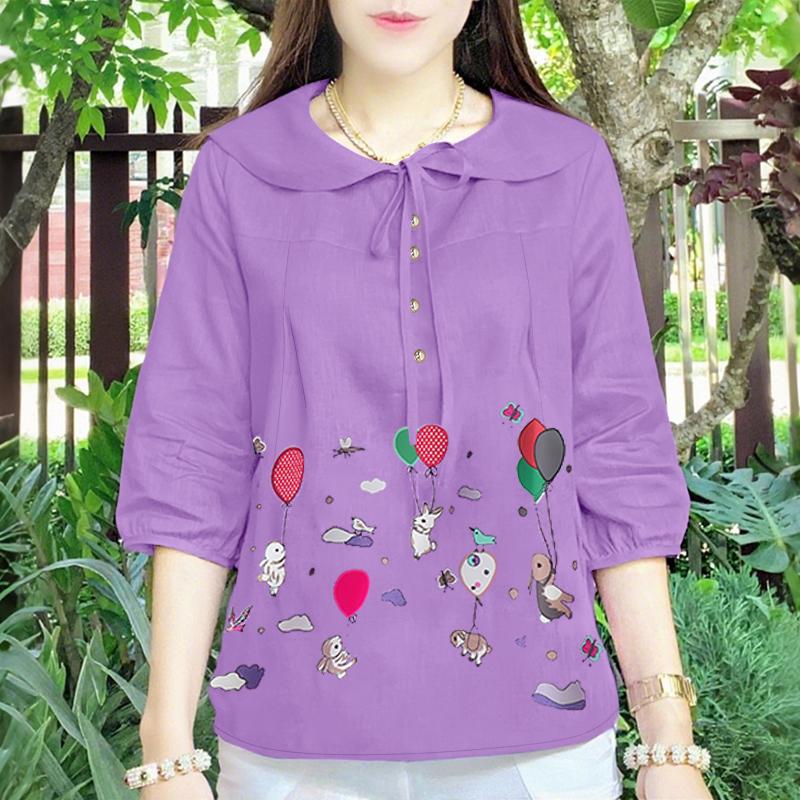 ZANZEA Women Casual Doll Collar Loose 3/4 Sleeve Print Blouse