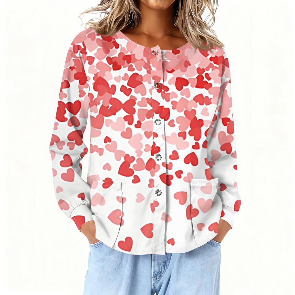 Women Long Sleeve Printed Pocket Working Stand Collar Single-breasted Protective Overalls Cardigan Jacket Top