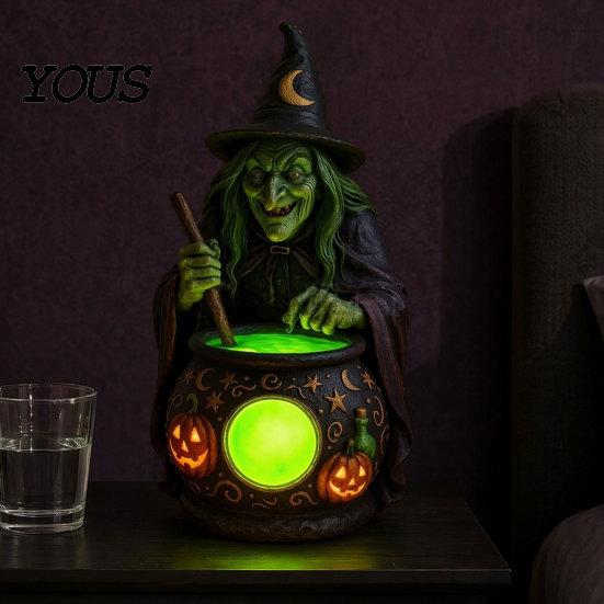 Gothic Home Decor Light Halloween Witch Lantern, Resin Tabletop with Warm Glow, Spooky Centerpiece Lantern Decoration for Shelf Desk