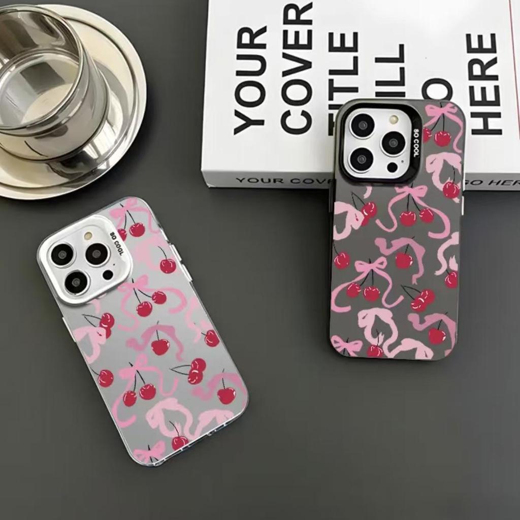 Cherry Bowknot Sterling Silver Shell Phone Case for Apple iPhone 17/16/15 Pro and 14 Pro Max