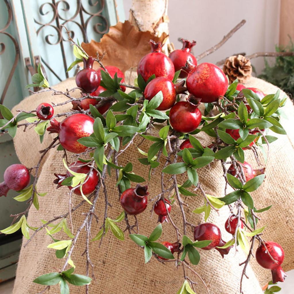6 Head Artificial Pomegranate Branch Stem Faux Fruit for Vase Realistic Faux Pomegranates Tree Branch for Decoration