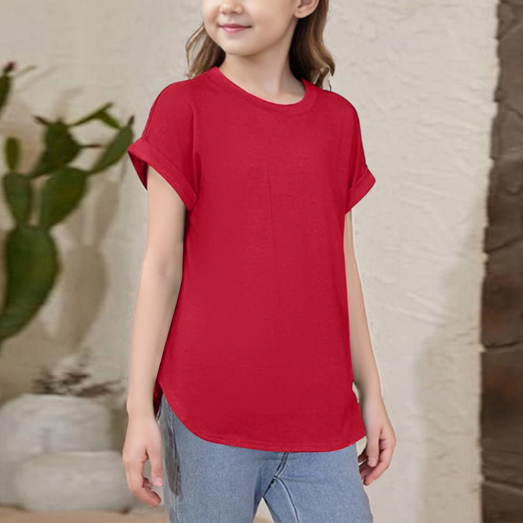 Girls Short Sleeve T Shirts Kids Crewneck Curve Summer Tees Hem Tops Sleeve T Shirts