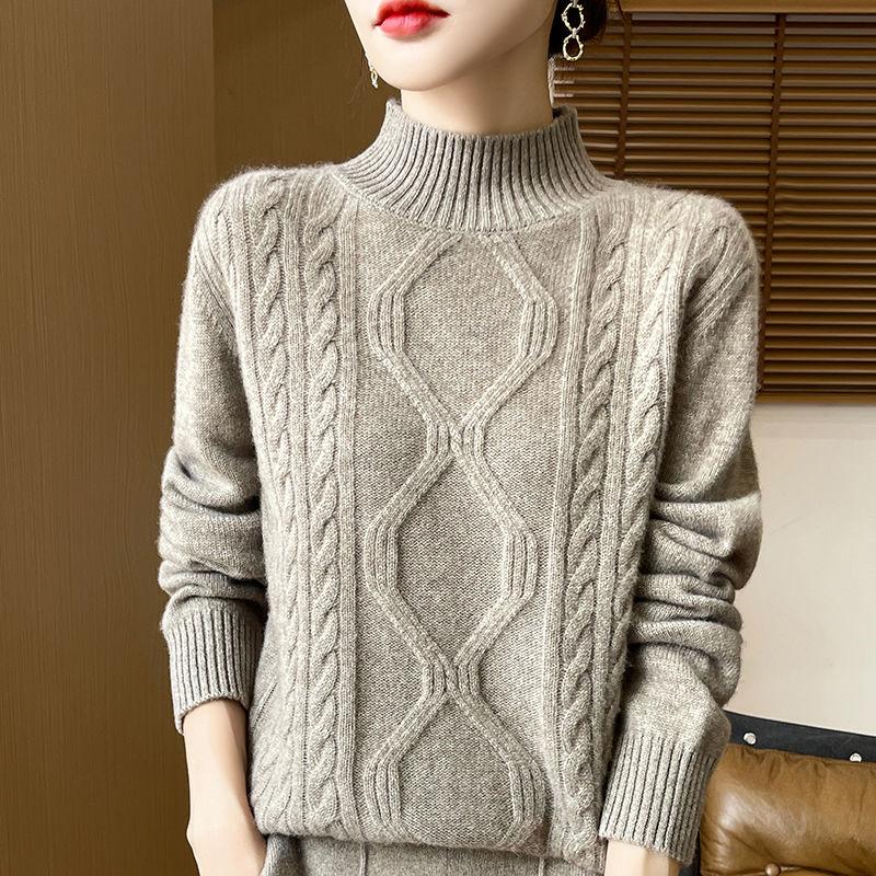 Women's Winter Thick Pure Wool Sweater - Half-Turtleneck High Neck Pullover, H-Silhouette Regular Fit with Flared Hem, Medium Stretch Long Sleeve