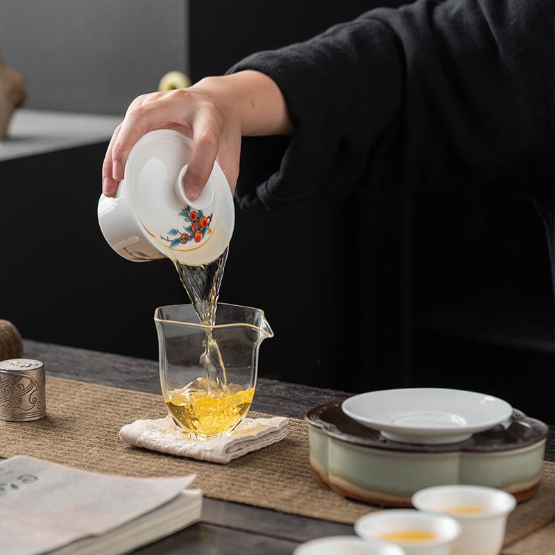 Light luxury imitation hand-painted suet jade porcelain Sancai cover bowl Kung Fu tea set single tea cup tea bowl pure handmade boutique