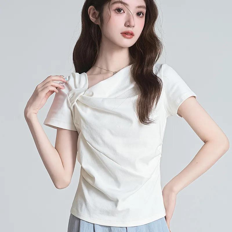 

Белая асимметричная блузка с узлом, короткий рукав, женская, с драпировкой, облегающий крой, повседневный топ S белый
